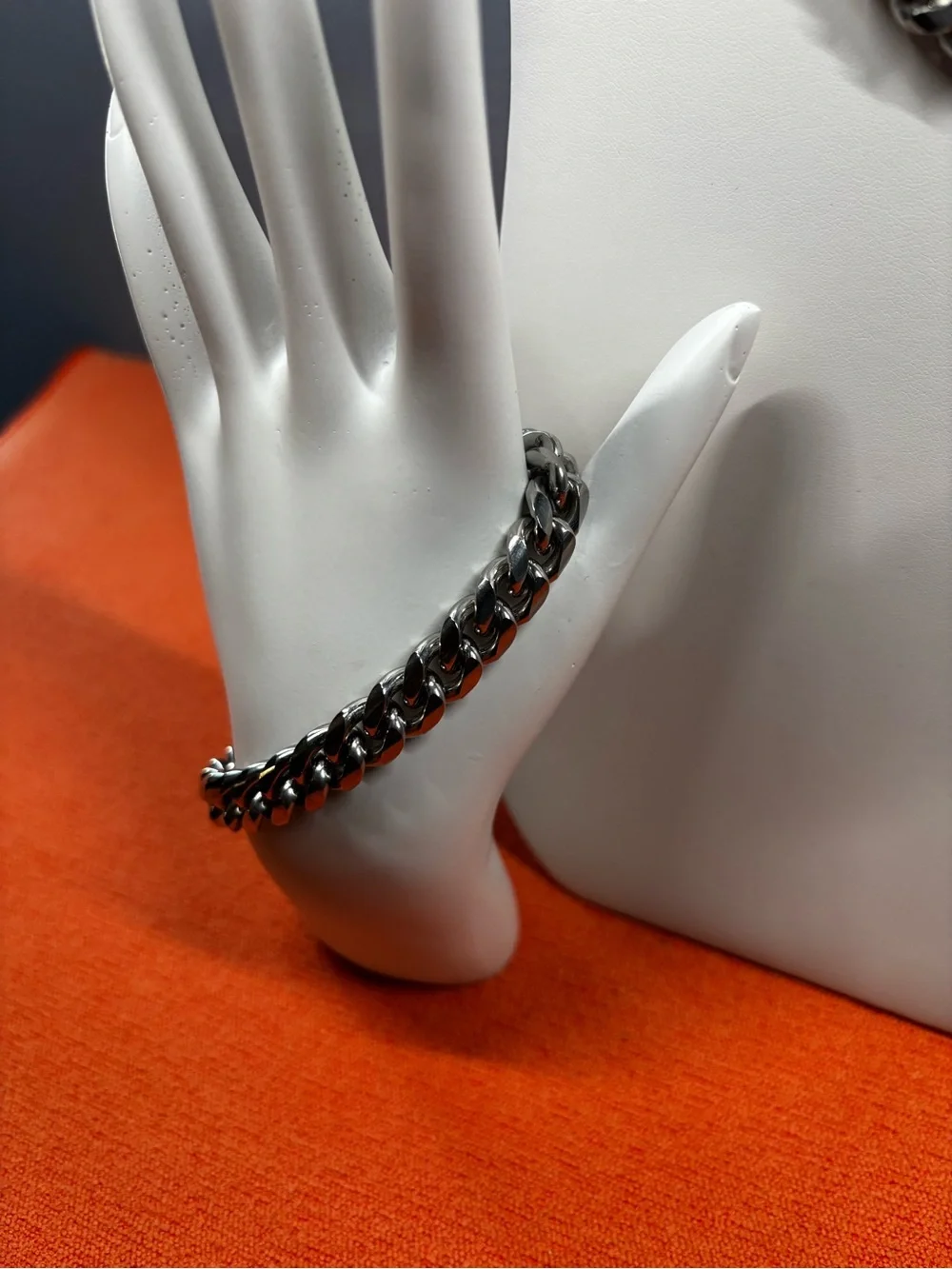 Men's Chunky Stainless Steel Cuban Link Chain and Bracelet Set